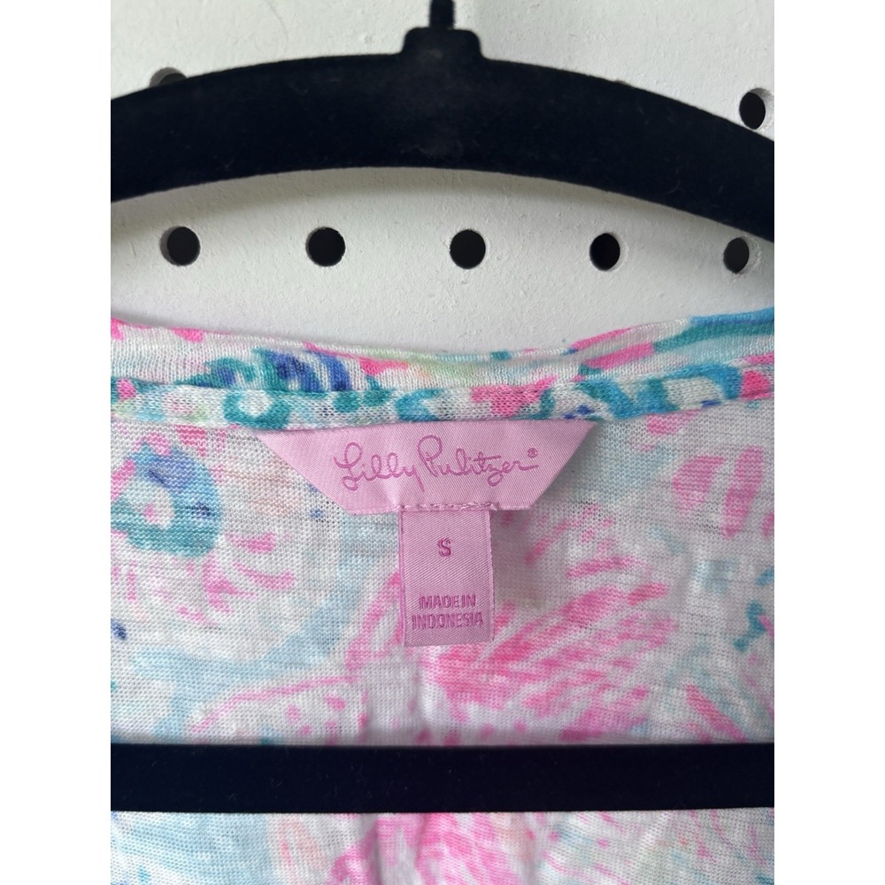 Lilly Pulitzer Womens Sm Short SLV Colorful Scoop Neck 100% Linen Tee Shirt - Picture 3 of 8